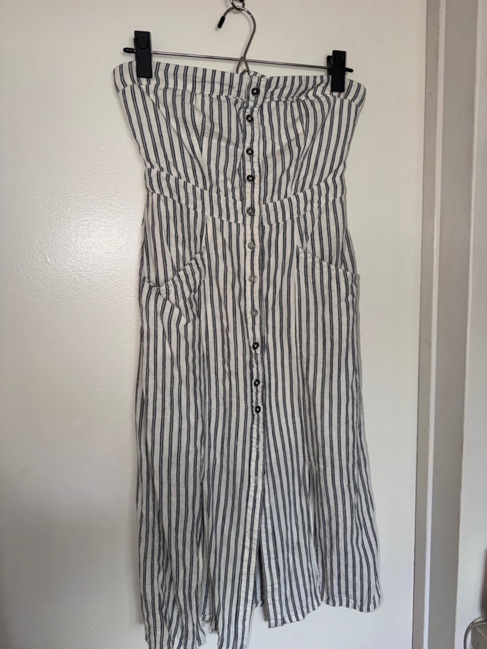 BDG White Strapless Button-Front Maxi Dress with Black Stripes
